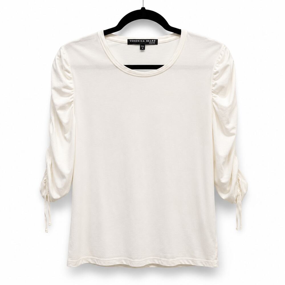 Veronica Beard Jeans White T Shirt Rouched Sleeves Round Neck Quiet Luxury M